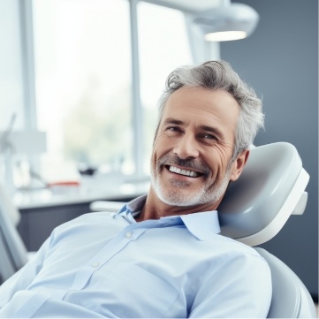 Man with gray hair smiling in dental chair
